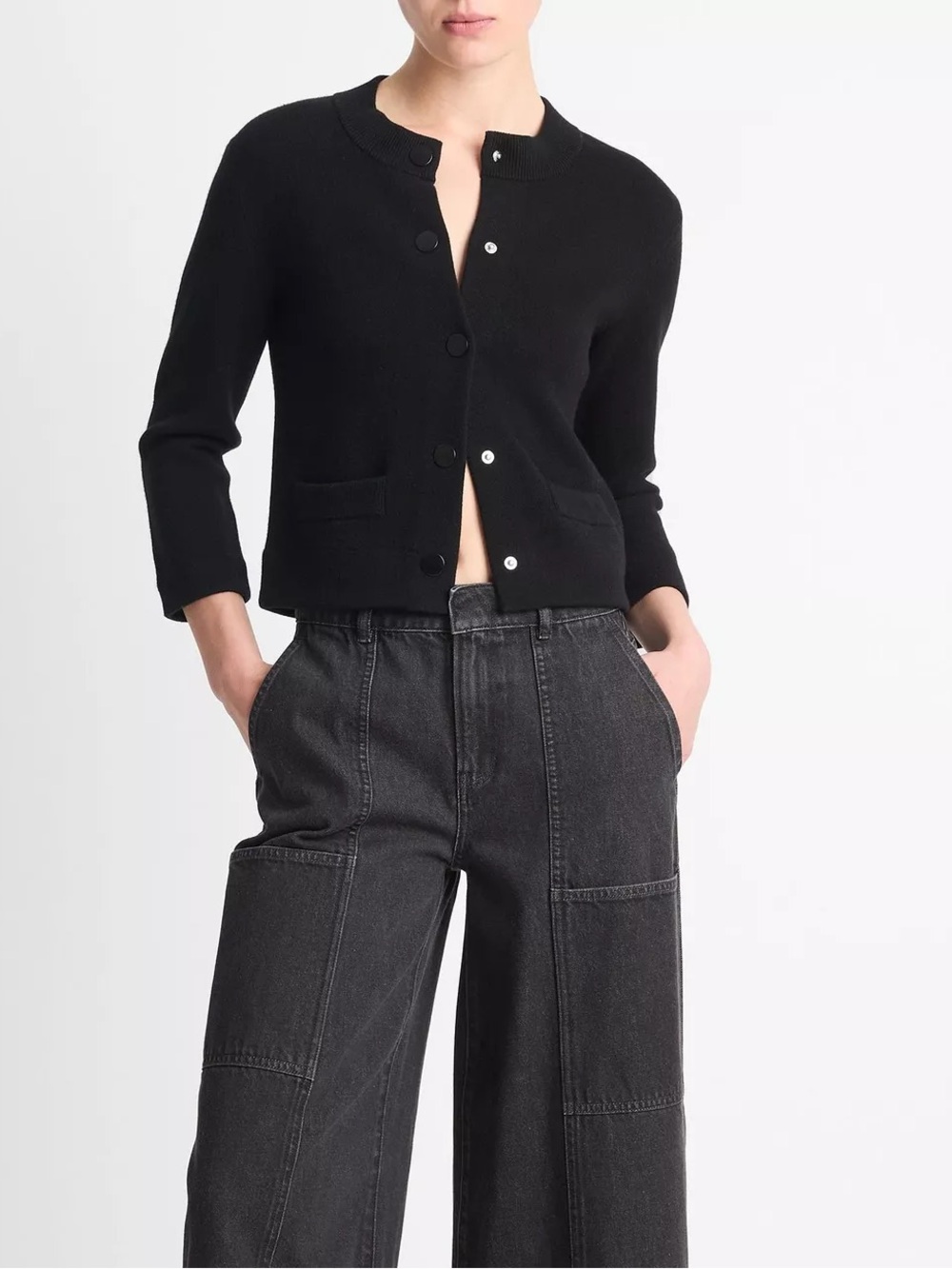 VINCE  Black Wool-Blend Shrunken Snap Cardigan size MEDIUM